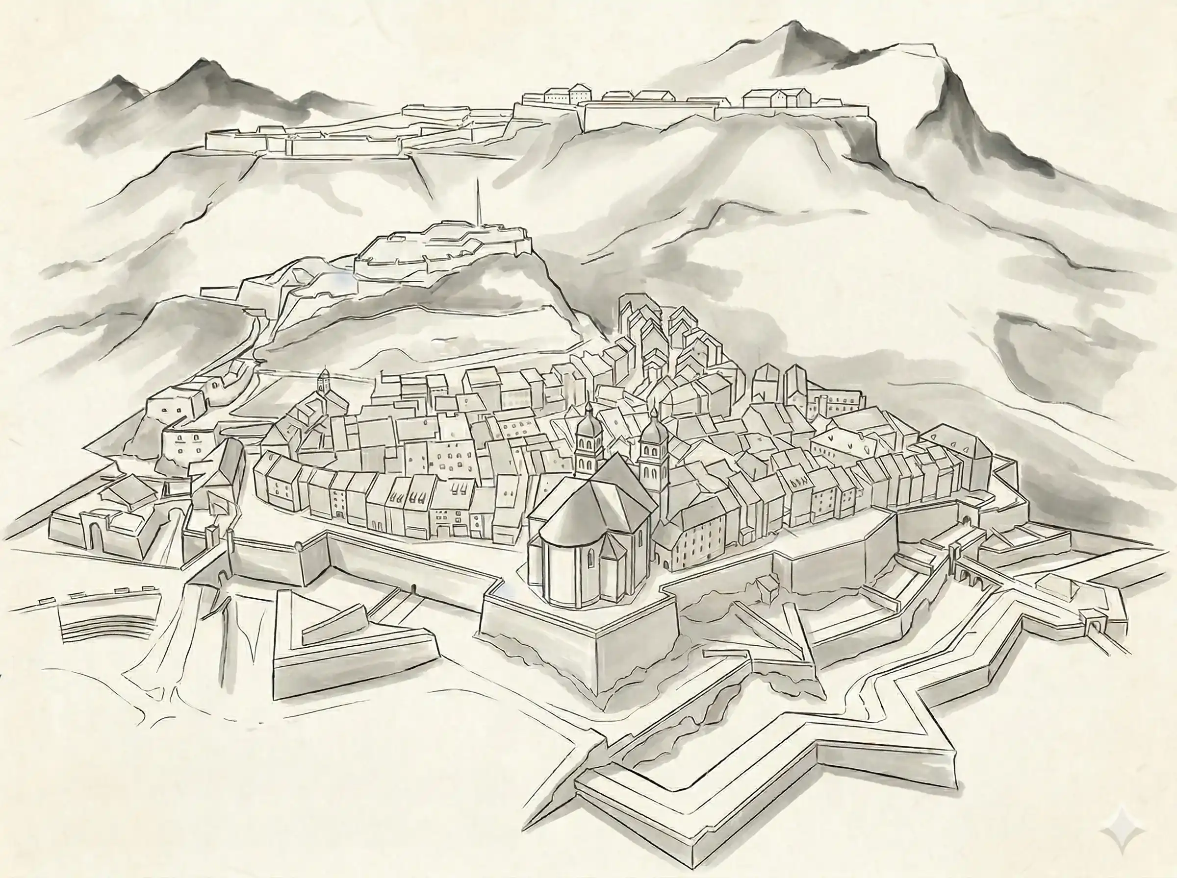 La citadelle de Briançon dans les Hautes-Alpes, illustration à l'encre