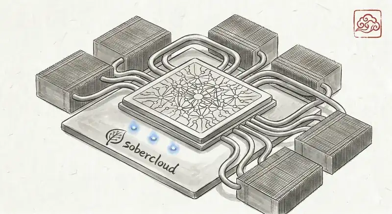 Illustration à l’encre : un cœur de calcul relié à un réseau de connexions.