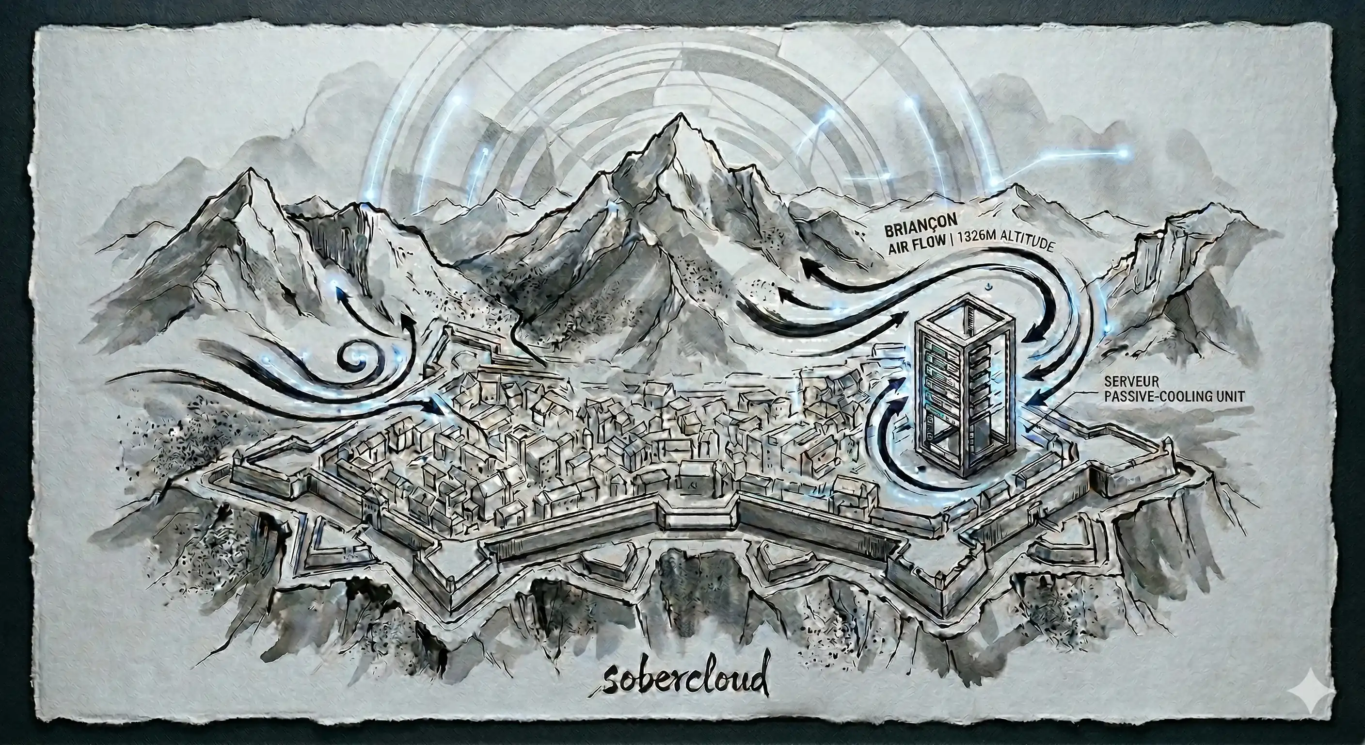 Air froid de montagne circulant entre les baies d'un datacenter, illustration à l'encre